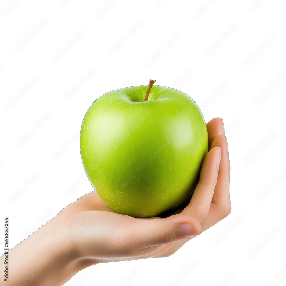 Hand holding green apple isolated on transparent background