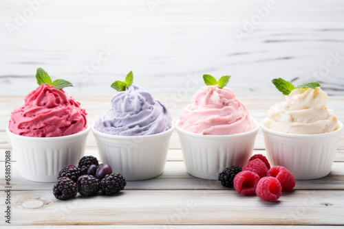 Different sorts of ice cream or frozen yogurts on bright wooden background photo