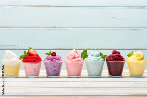 Different sorts of ice cream or frozen yogurts on bright wooden background