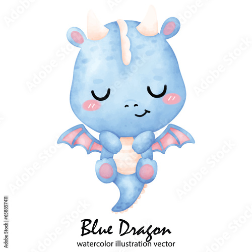 Cute Blue Dragon, Dragon, watercolor, illustration vector, Year of the Dragon
