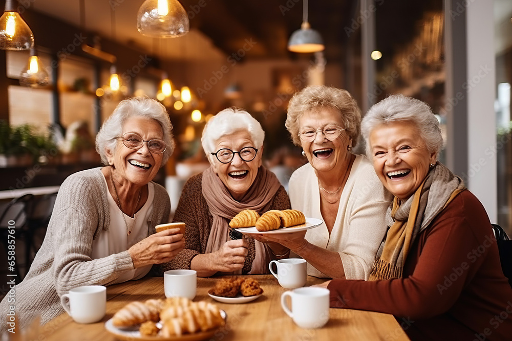 Old ladies have a fun at cafeteria Old ladies have a fun at cafeteria