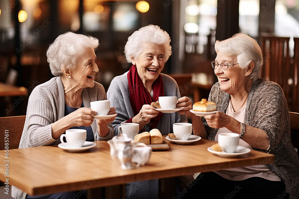Old ladies have a fun at cafeteria - obrazy, fototapety, plakaty 