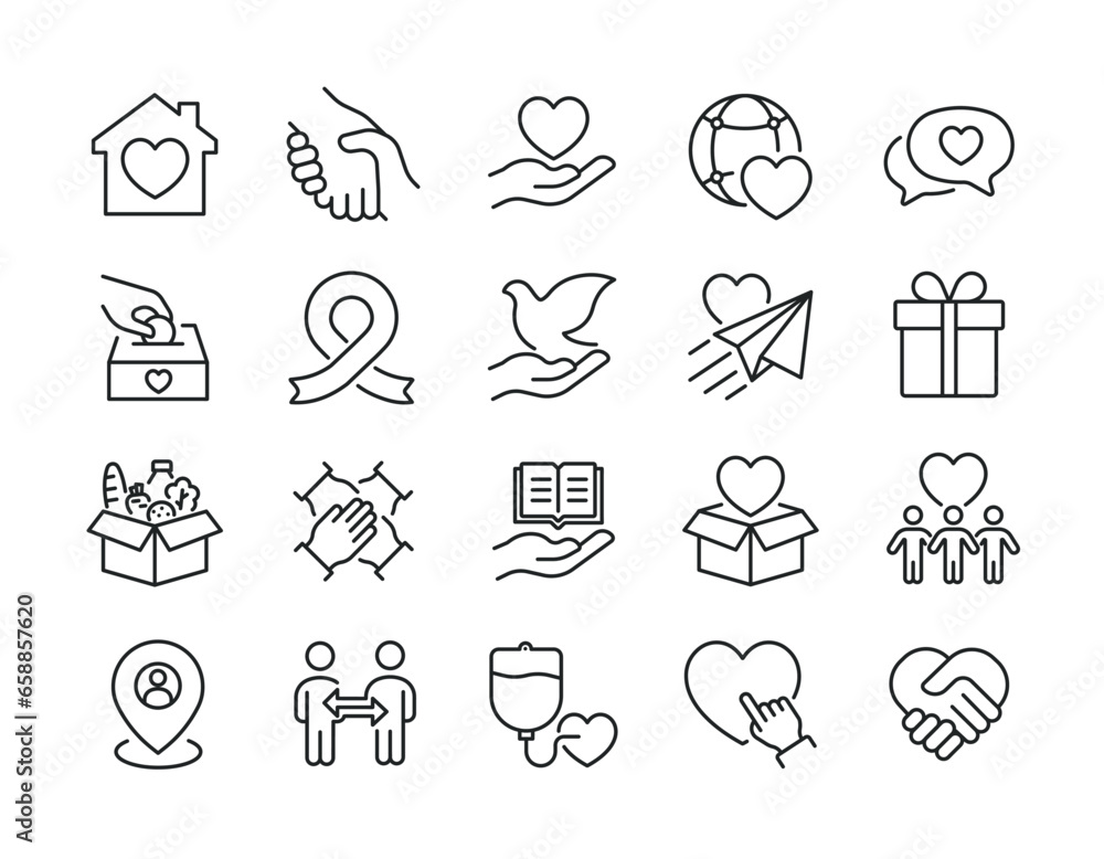 Fototapeta premium Charity, donate line icons. Editable stroke. For website marketing design, logo, app, template, ui, etc. Vector illustration.