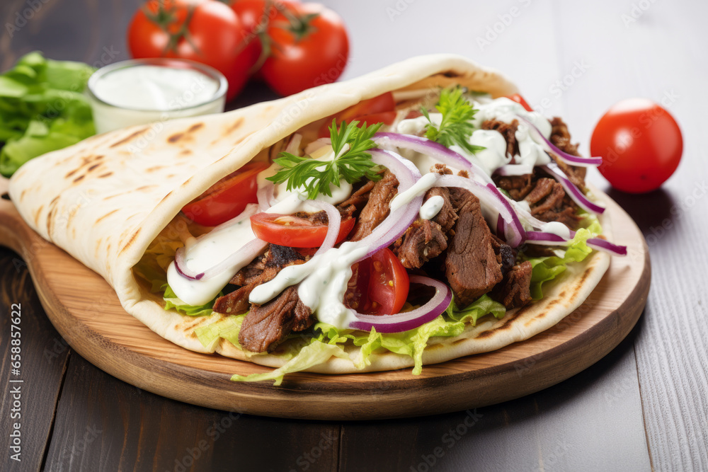Greek lamb meat gyros with tzatziki sauce, feta cheese and French fries Greek lamb meat gyros with tzatziki sauce, feta cheese and French fries