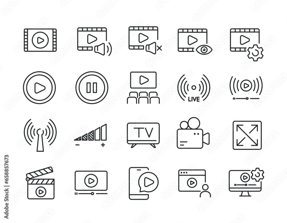 Video multimedia line icons. Editable stroke. For website marketing design, logo, app, template, ui, etc. Vector illustration. - obrazy, fototapety, plakaty 