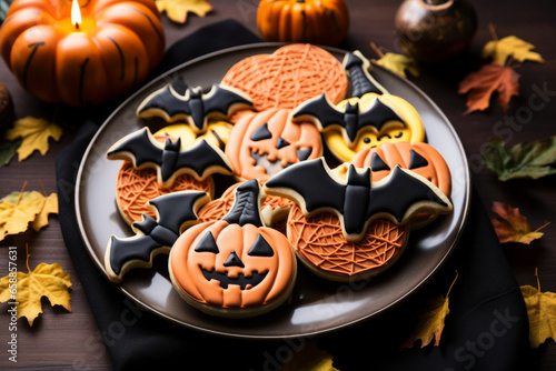 Halloween gingerbread cookies with spiders, bats and pumpkin on brown wooden table.