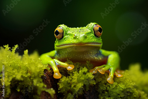 Capturing a Gleeful Moment Close-up of a Gliding Frog, Almost Laughing, Perched on Moss in the Indonesian Forests