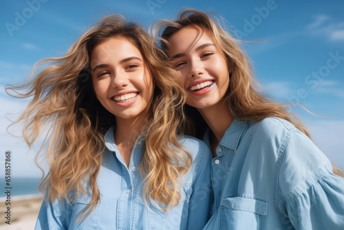 Lovable Caucasian girls expressing positive emotions to camera