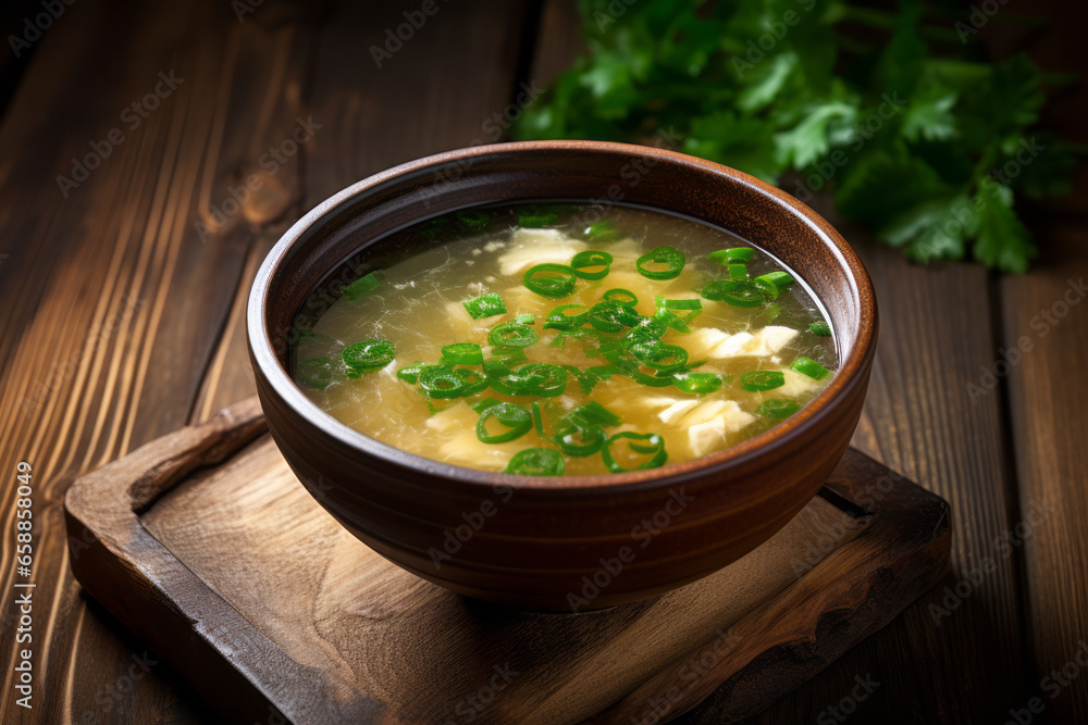 Miso soup with tofu and wakame seaweed on a wooden table Miso soup with tofu and wakame seaweed on a wooden table