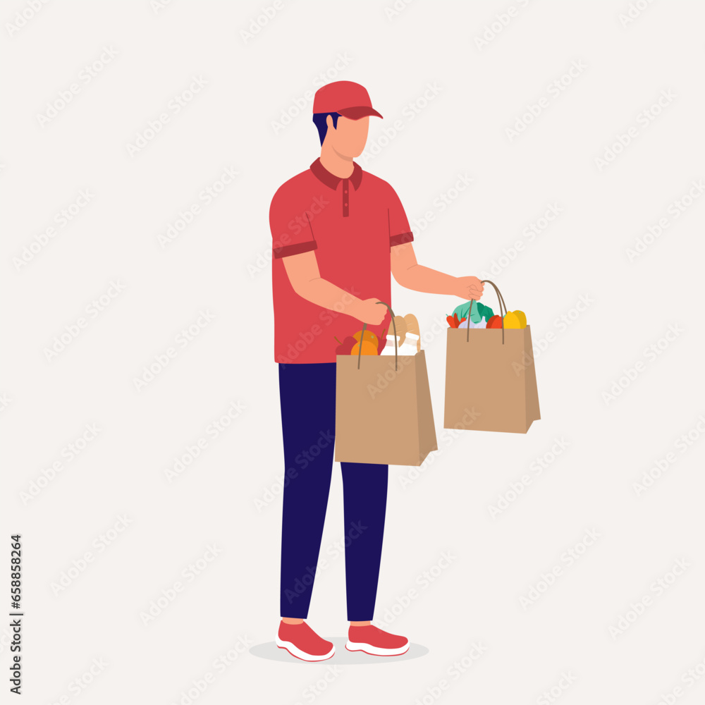 One Delivery Man Passing The Groceries Bag. Full Length. Flat Design.