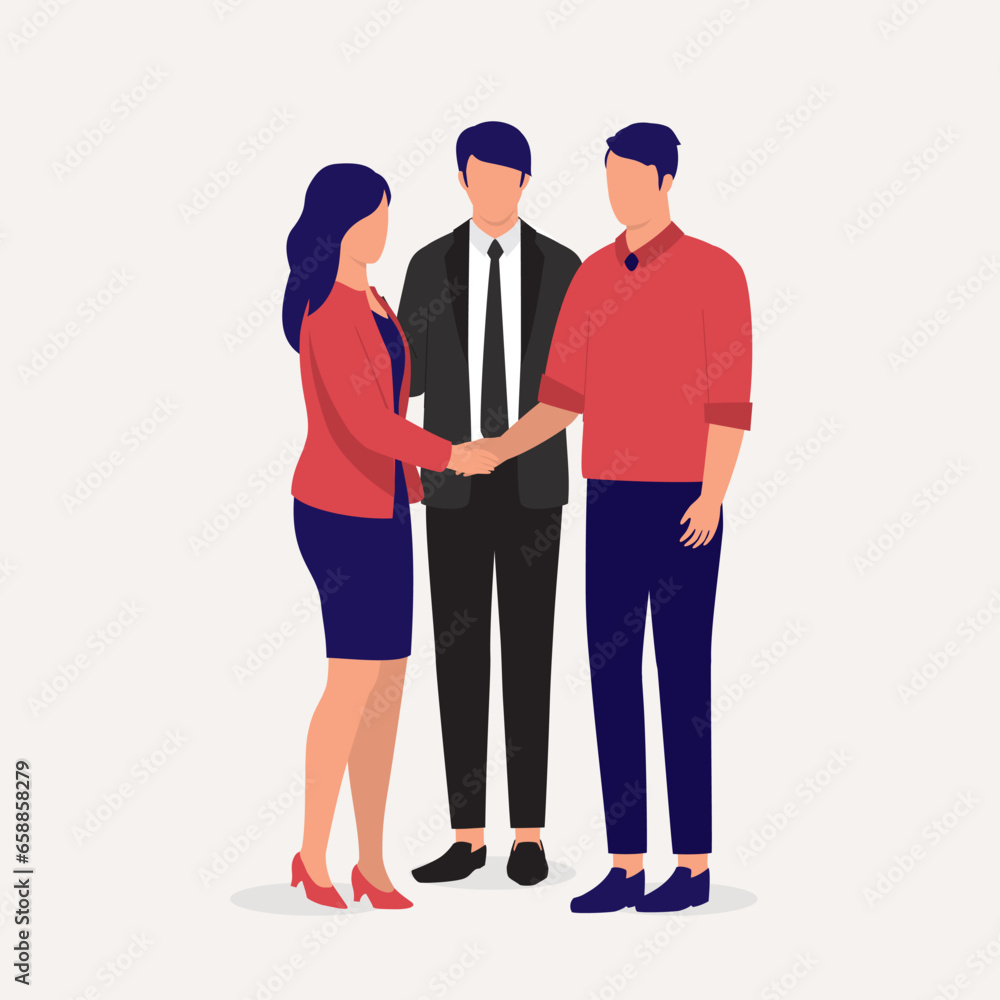 Fototapeta premium Young Couple Shake Hands When Meeting With A Mediator To Resolve Issues In Their Divorce. Full Length. Flat Design.