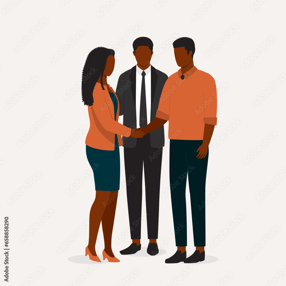 Young Black Couple Shake Hands When Meeting With A Mediator To Resolve Issues In Their Divorce. Full Length. Flat Design. Young Black Couple Shake Hands When Meeting With A Mediator To Resolve Issues In Their Divorce. Full Length. Flat Design.