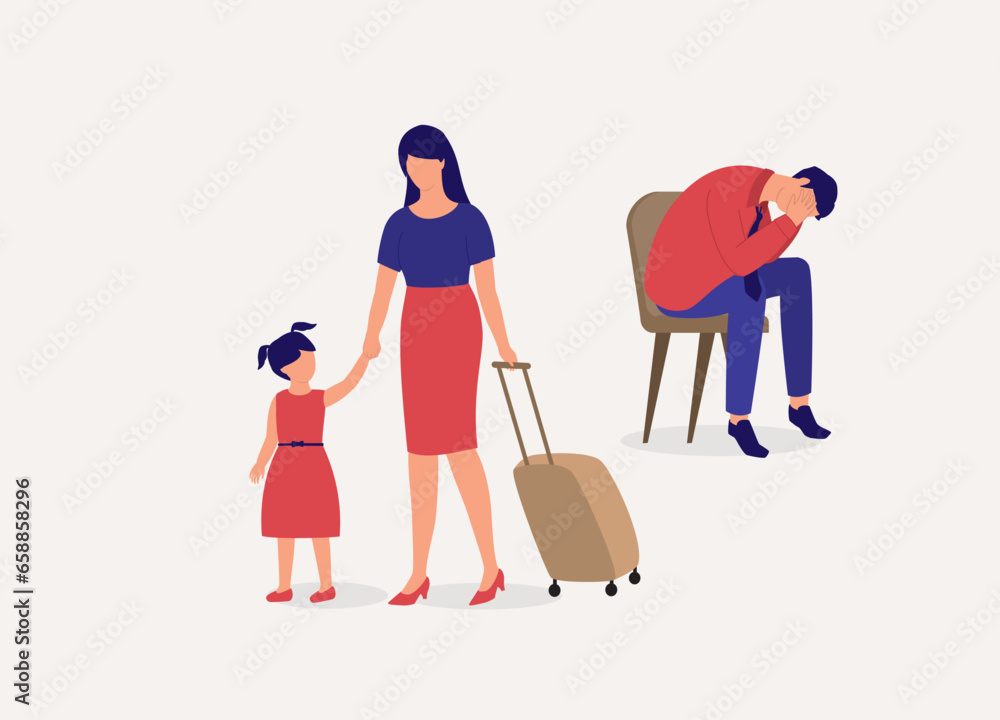 Woman With Her Daughter Moving Away From Her Husband. Husband Sitting On Chair Feeling Lost And Helpless. Full Length. Flat Design.