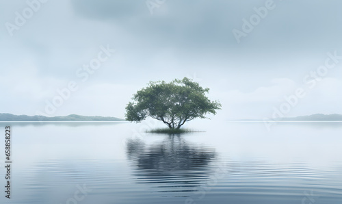 A tree in the middle of a lake in overcast sky © Randall
