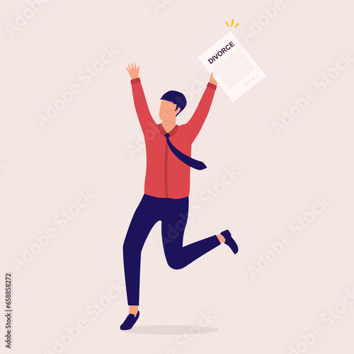 One Young Man Jumping Happily With Divorce Decree Paper In Her Hand. Full Length. Flat Design.