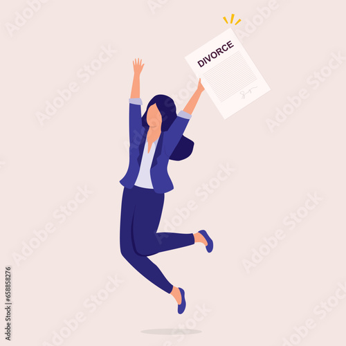One Young Woman Jumping Happily With Divorce Decree Paper In Her Hand. Full Length. Flat Design. © simplehappyart