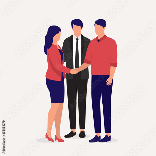 Young Couple Shake Hands When Meeting With A Mediator To Resolve Issues In Their Divorce. Full Length. Flat Design.