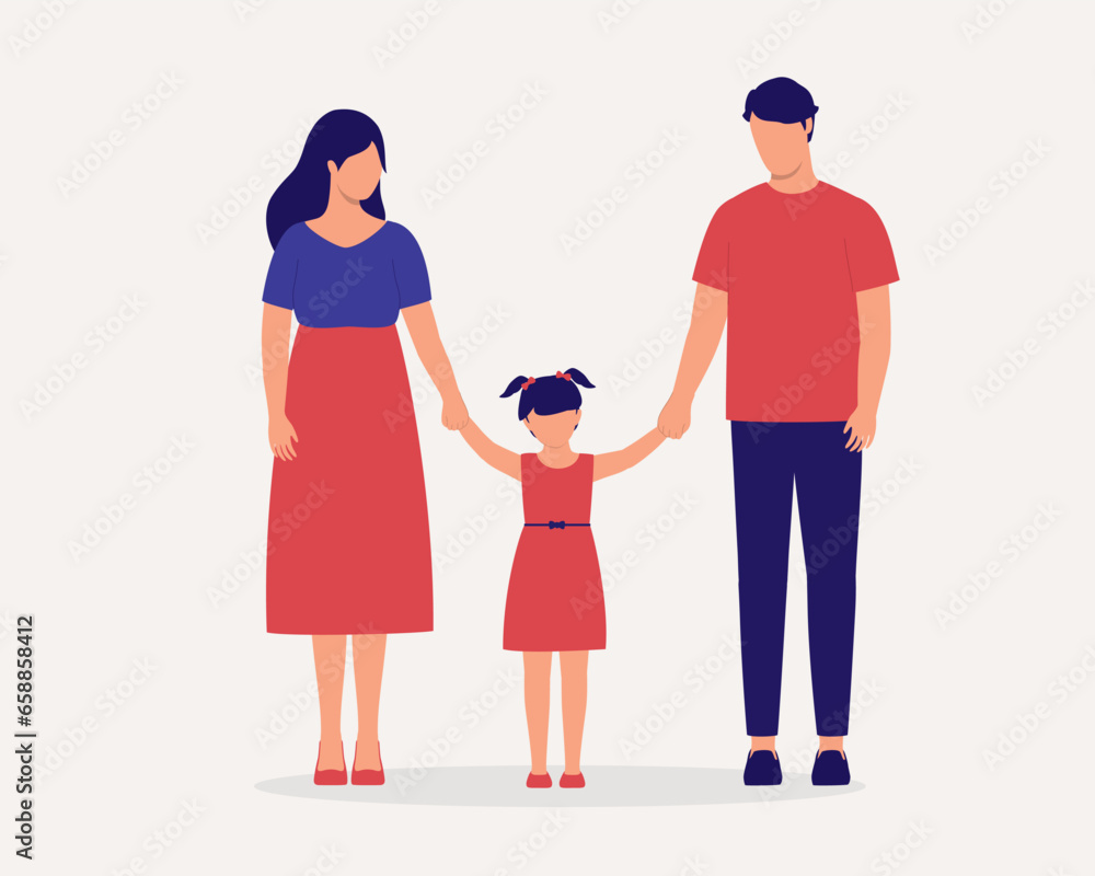 Young Family With One Daughter Standing And Holding Hands Together. Full Length. Flat Design. Young Family With One Daughter Standing And Holding Hands Together. Full Length. Flat Design.