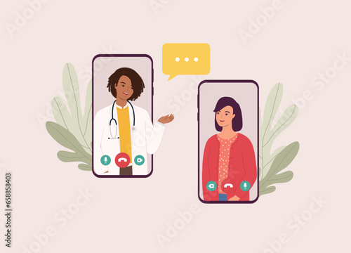 Smiling Black Female Doctor Giving Online Medical Advice To Her Patient With Mobile Phone. Telemedicine. Telehealth. Half Length. Flat Design.