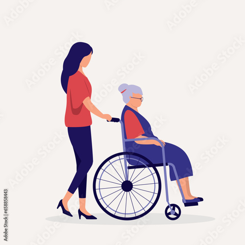 Side View Of An Adult Daughter Pushing Her Elderly Mother With Wheelchair. Full Length. Flat Design.