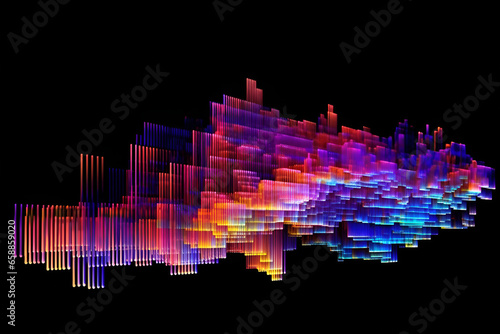 Colorful digital 3D cloud against dark background with multi colored glitch effect 