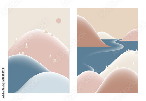 Minimalist landscape poster design, mountains and sea