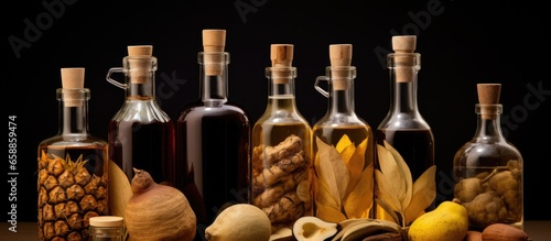 Brazilian distilled beverage with fruit infused artisanal bottles called cacha a made from cassava also known as tiquira or Brazilian brandy With copyspace for text photo