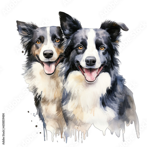 Two happy border collie dogs  isolated  transparent background. Watercolor illustration