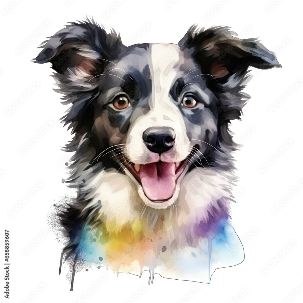 Happy border collie dog, mouth open, smiling. Isolated on white transparent background