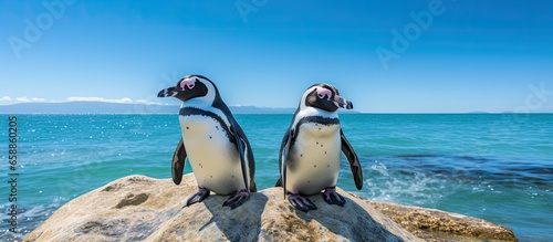 Cape penguins caught near Boulders beach on False Bay With copyspace for text