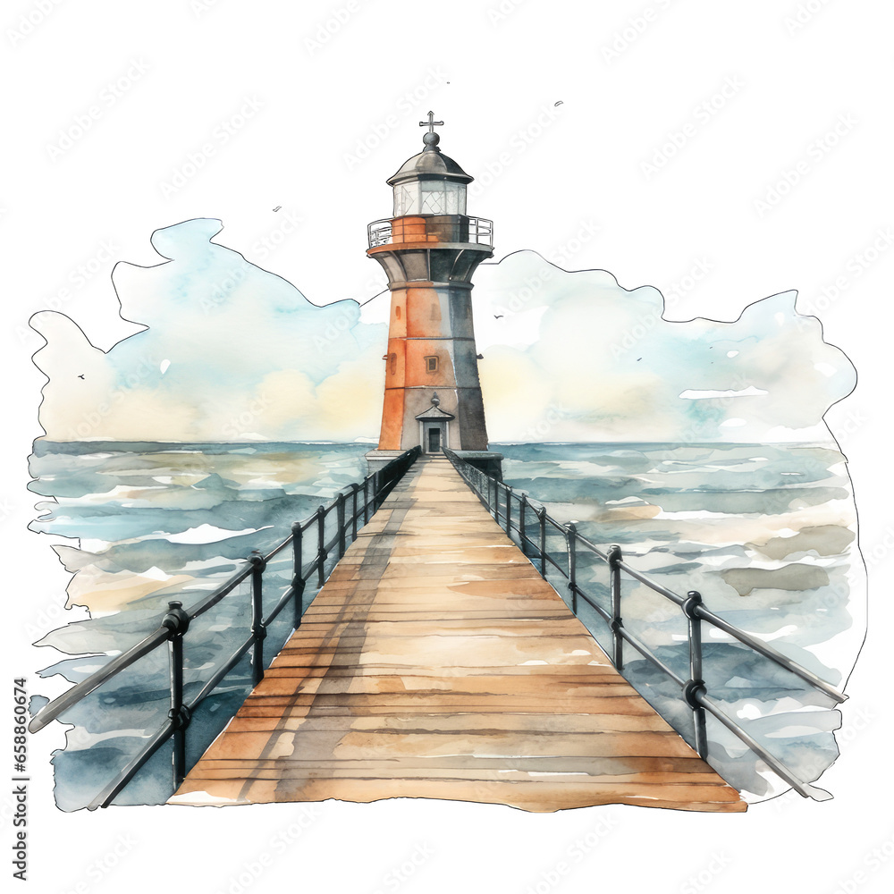 Red lighthouse on the pier going out to the ocean, watercolor illustration, isolated on transparent background