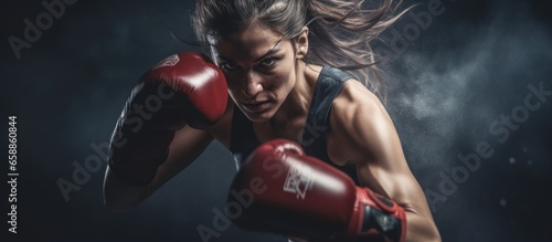 Intensive mixed martial arts training for fitness and self defense involving a female athlete striking a training bag in the gym With copyspace for text
