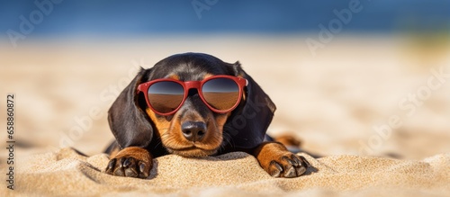 Dachshund dog at beach wearing red sunglasses enjoying sand and summer vacation