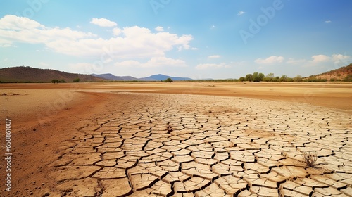 A landscape of dried lake. Drying lake because of extreme heat weather. Climate change effect.