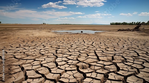 A landscape of dried lake. Drying lake because of extreme heat weather. Climate change effect.