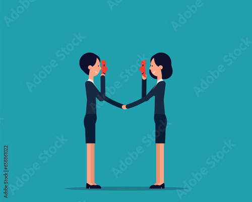 Holding mask to hide real. Dishonesty partnership vector design
