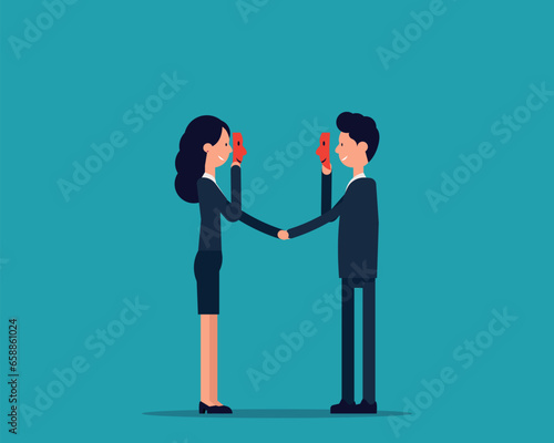 Holding mask to hide real. Dishonesty partnership vector design