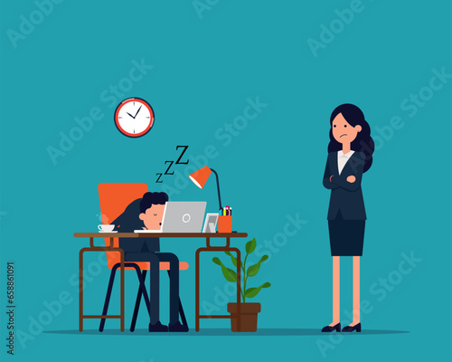 Exhausted office worker sleeping behind his desk while angry director is standing next. Vector creative flat design