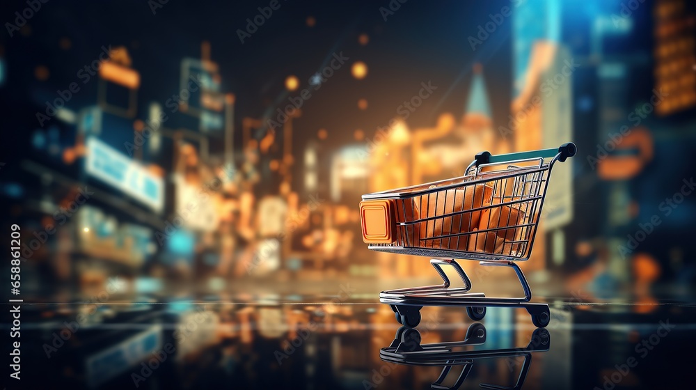 Online shopping concept. Trolley and futuristic online shopping. Trolley full of goods with high tech background. 