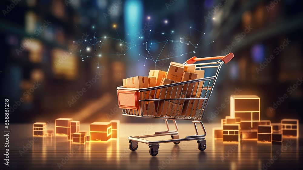Online shopping concept. Trolley and futuristic online shopping. Trolley full of goods with high tech background.  - obrazy, fototapety, plakaty 