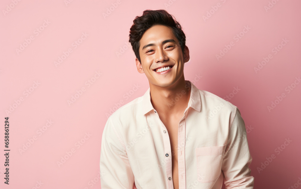happy handsome fashion man smiling and wearing color cloth, solid light color background happy handsome fashion man smiling and wearing color cloth, solid light color background