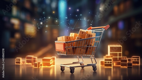 Online shopping concept. Trolley and futuristic online shopping. Trolley full of goods with high tech background.  photo