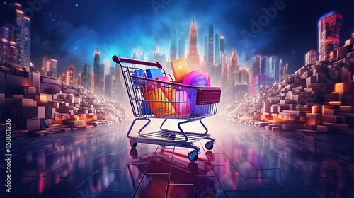 Online shopping concept. Trolley and futuristic online shopping. Trolley full of goods with high tech background.  photo