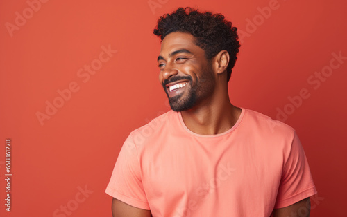 happy handsome fashion African American man smiling and wearing color cloth, solid light color background photo