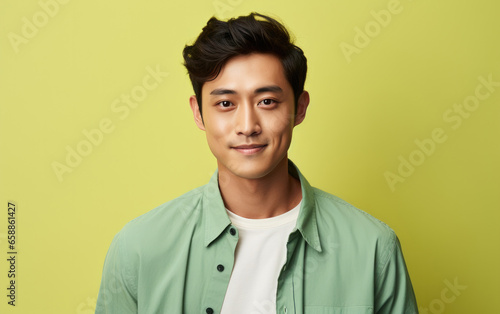 happy handsome fashion man smiling and wearing color cloth, solid light color background