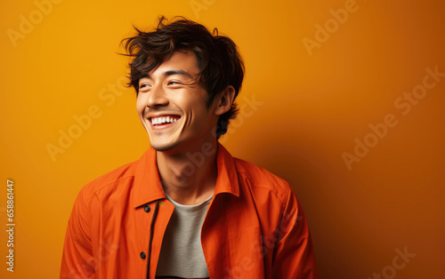happy handsome fashion man smiling and wearing color cloth, solid light color background © hakule