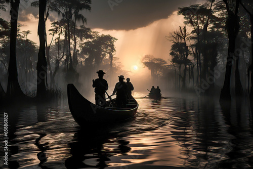 Boat rowing in the river surrounded by jungle © FrankBoston