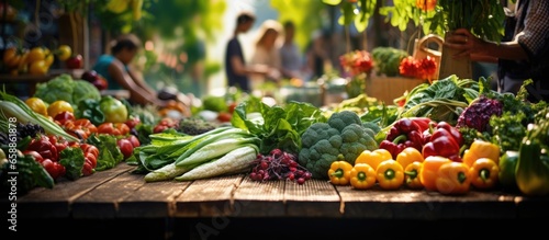 Customers at the green market or farmers market select and purchase fresh organic produce for their health With copyspace for text
