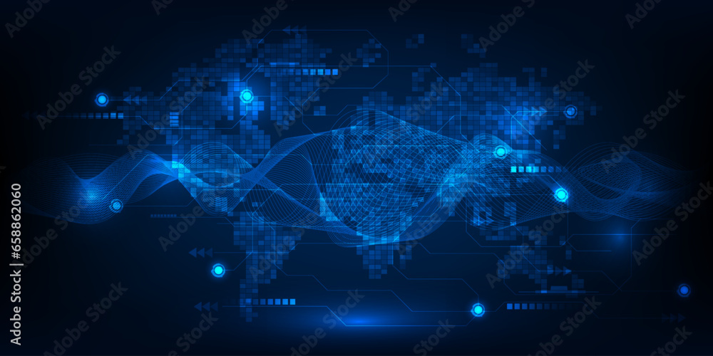 Vector illustration of futuristic blue world map grid sector with distribute point light and wave wireframe.Digital communication technology concepts. - obrazy, fototapety, plakaty 