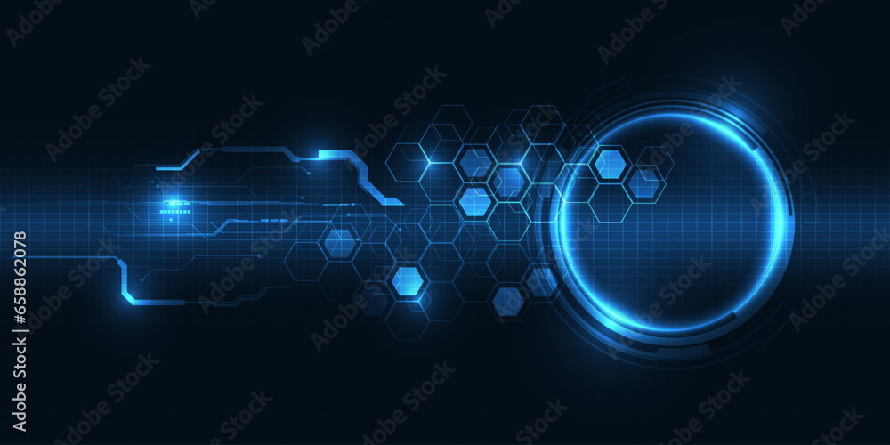 Fototapeta premium Vector illustration of digital horizontal empty space with digital glowing element grid line and circuit for advertising and game artwork background.